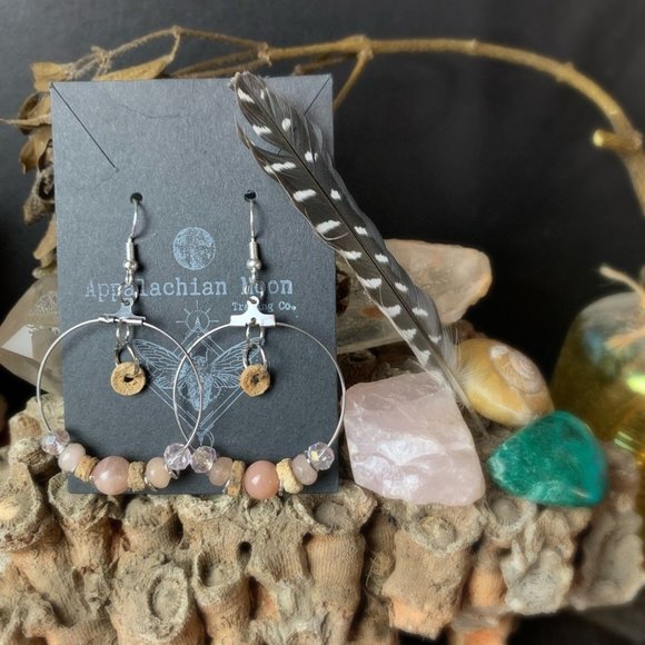 Sun Stone & Crinoid Fossil (Indian Bead) Hoop Earrings - Picture 3 of 4